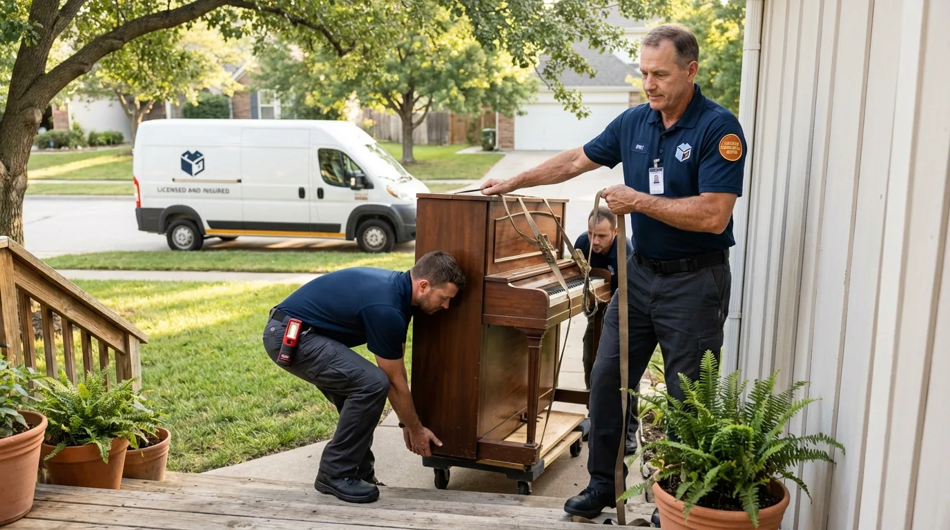 Licensed piano movers securing grand piano in Slippery Rock, PA