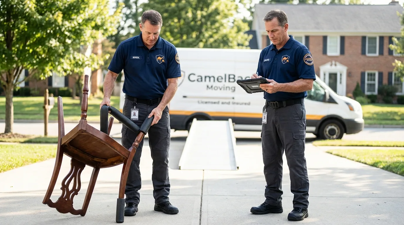 Movers inspecting furniture for damage prevention before loading in Slippery Rock, PA