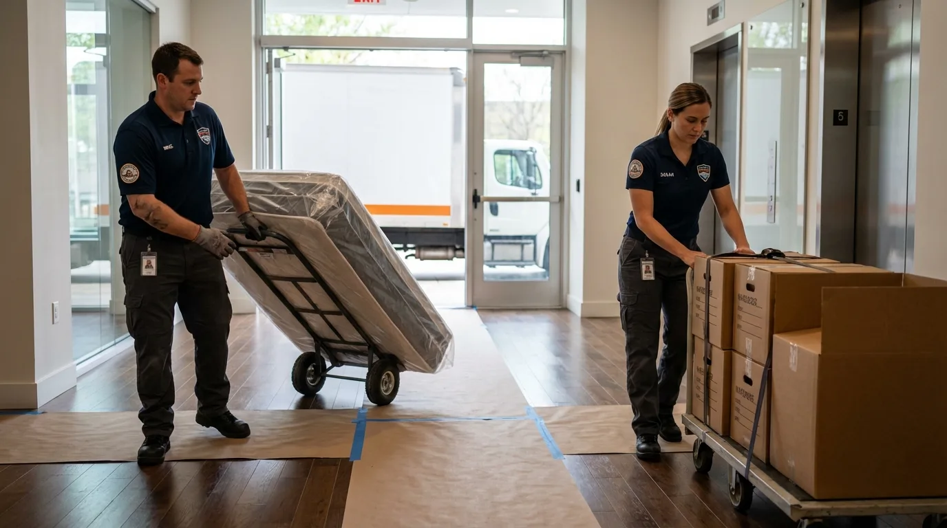 Professional apartment movers loading elevator in Slippery Rock, PA