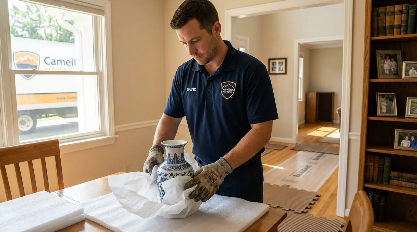 Professional crew carefully wrapping antique vase for senior downsizing move in Slippery Rock, PA